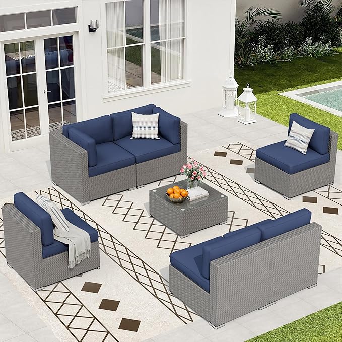 7 Piece Outdoor Sectional Sofa Patio Furniture Set, All-Weather PE Grey Wicker Patio Conversation Set