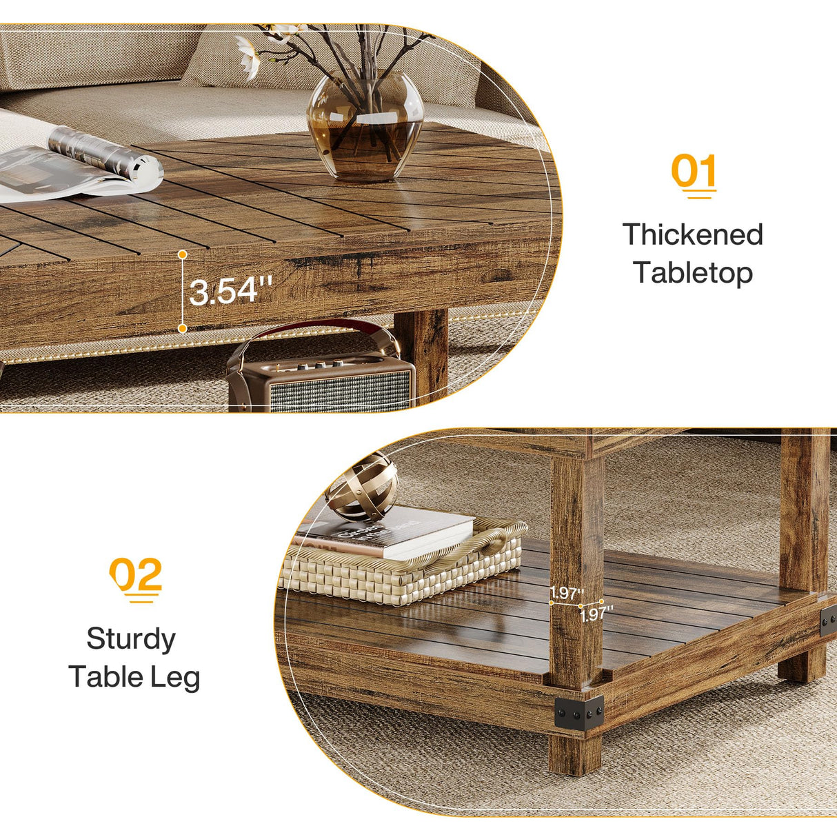 Tribesigns Farmhouse Coffee Table, 47-Inch Wood Center Table with Storage Shelf, 2-Tier Rectangle Cocktail Tea Table with Sturdy Frame for Living Room, Rustic Brown
