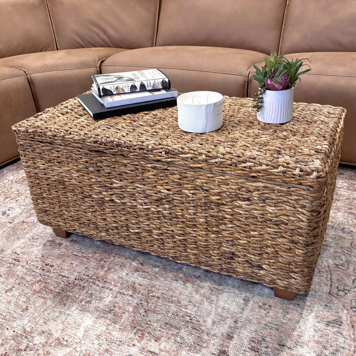 Woven Rattan Storage Coastal Coffee Table - Handwoven Natural Brown Rattan
