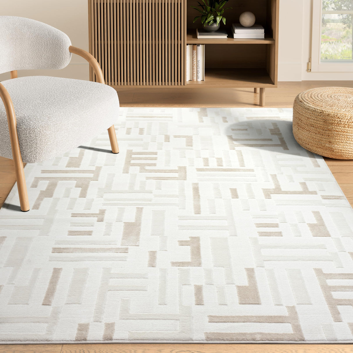 Beige Geometric Area Rug 5' x 8' - Maze Design