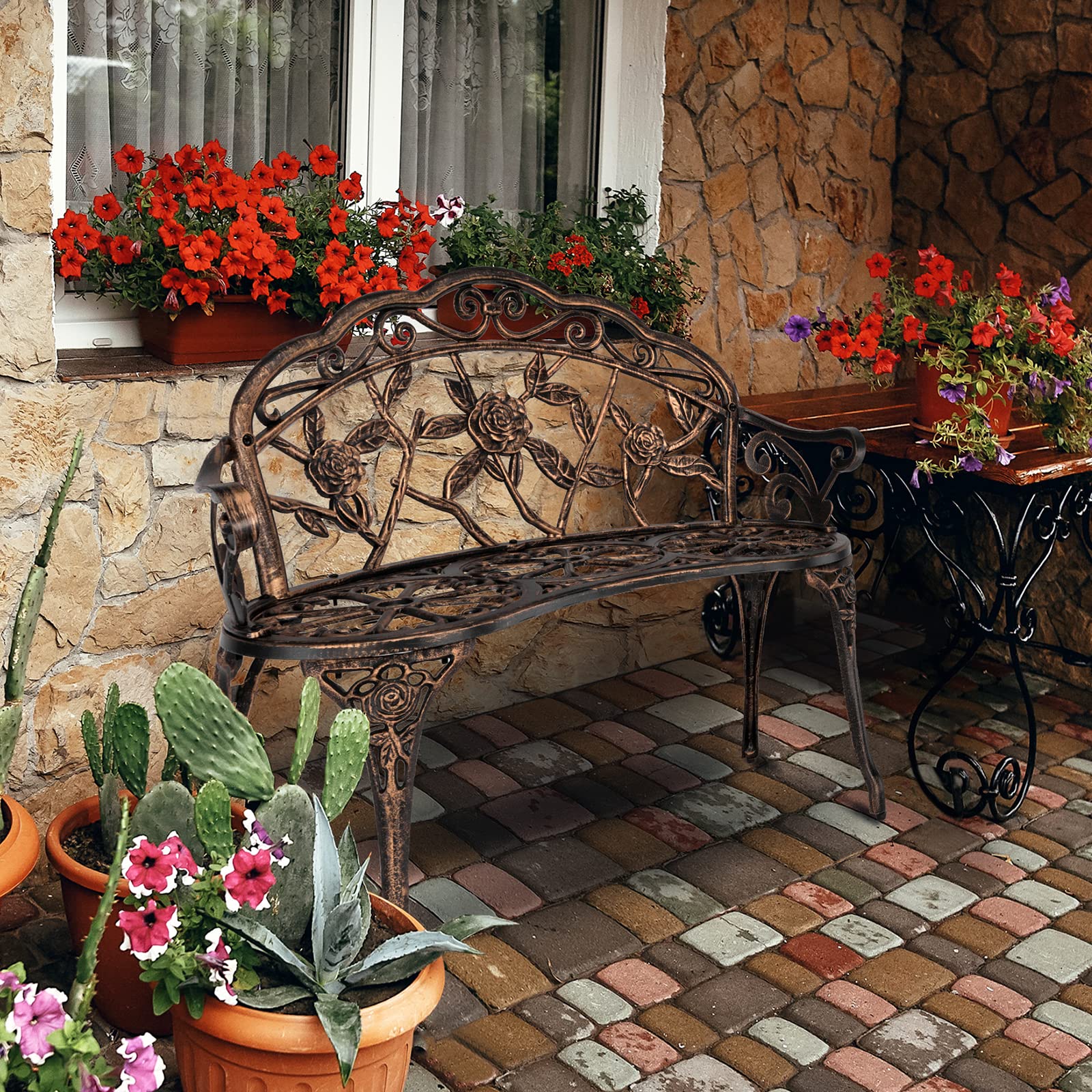 38.5" Patio Park Garden Outdoor Metal Rose Bench,Cast Iron Cast Aluminium Frame Antique Finish Chair
