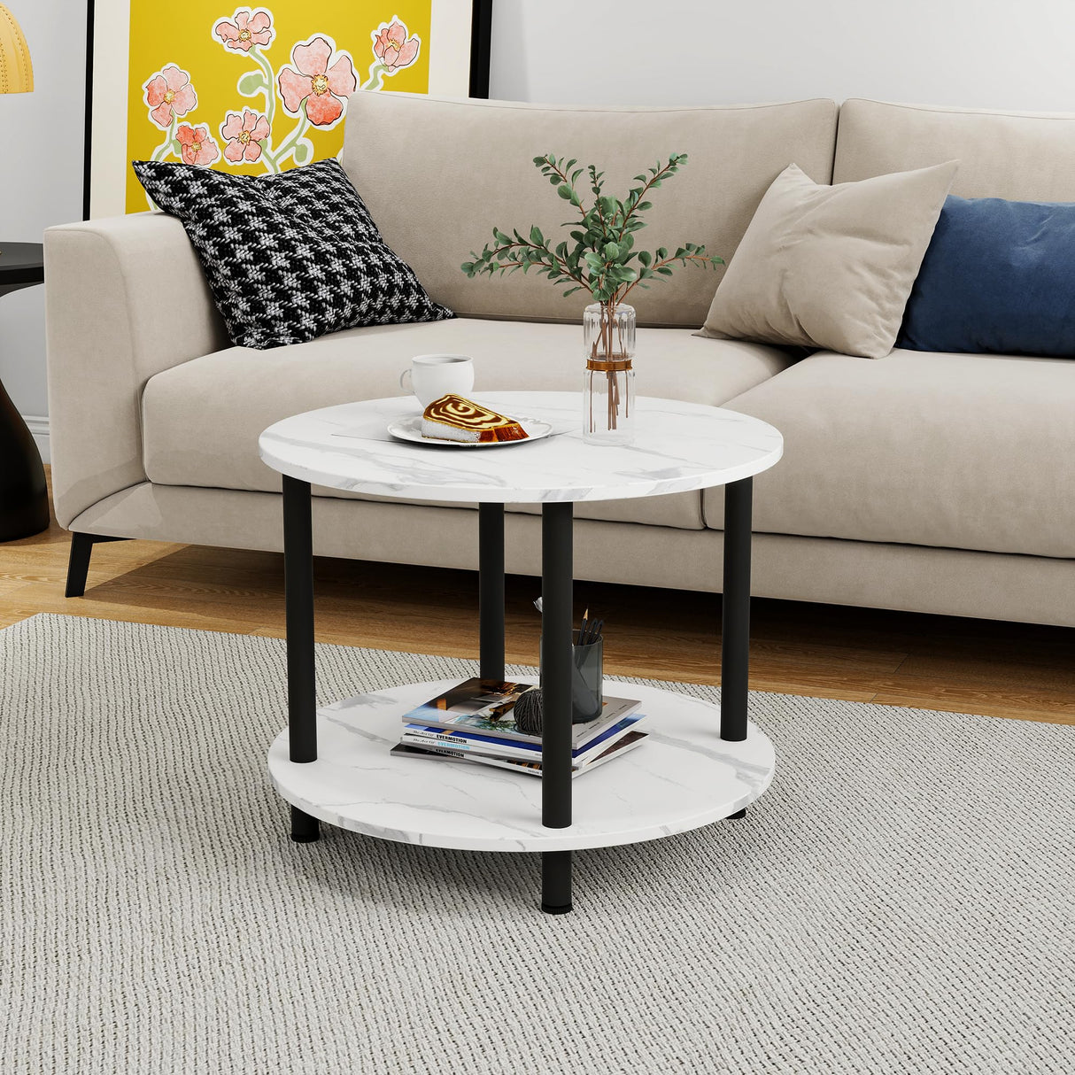23.6" Round Coffee Table, 2-Tier Small Circle Coffee Table with Storage