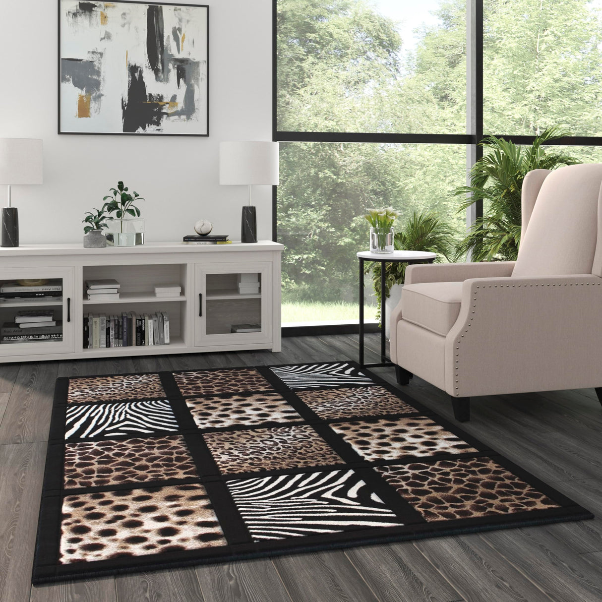 5' x 7' Modern Animal Print Olefin Area Rug with Cheetah, Leopard