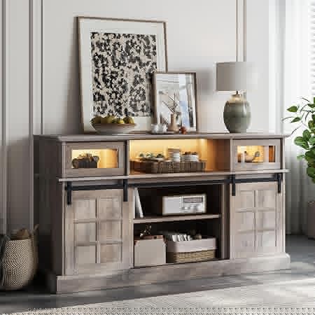 Farmhouse TV Stand w/LED Light, White TV Stand for 65 inch TVs, Entertainment Center