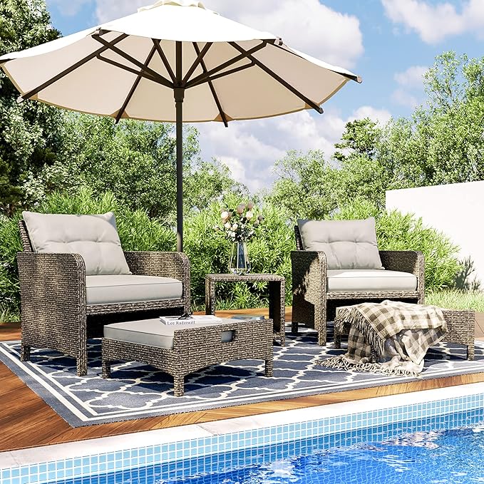 5 Piece Outdoor Patio Bistro Set with Ottoman, Patio Conversation Sets with Tempered Glass Top Side Table