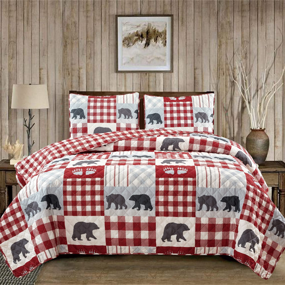 3 Piece Reversible Quilt Set with Sham | Queen Cabin Comforter Set | Rustic Bear Buffalo