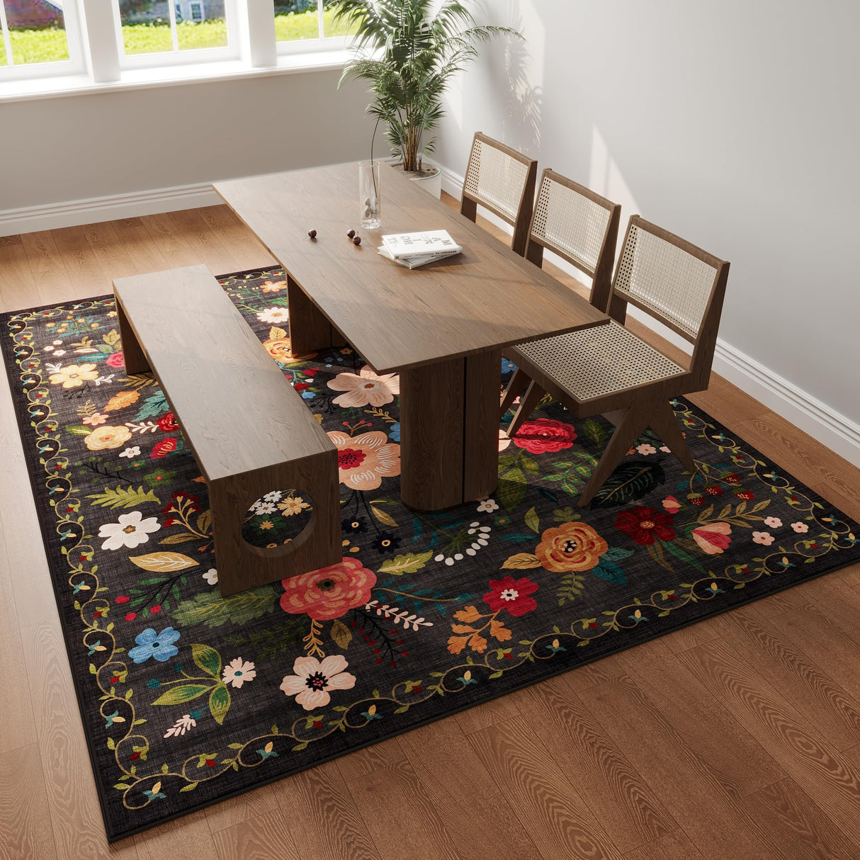 Boho Area Rug – Washable Floral Living Room Carpet, Non-Slip & Vintage Style