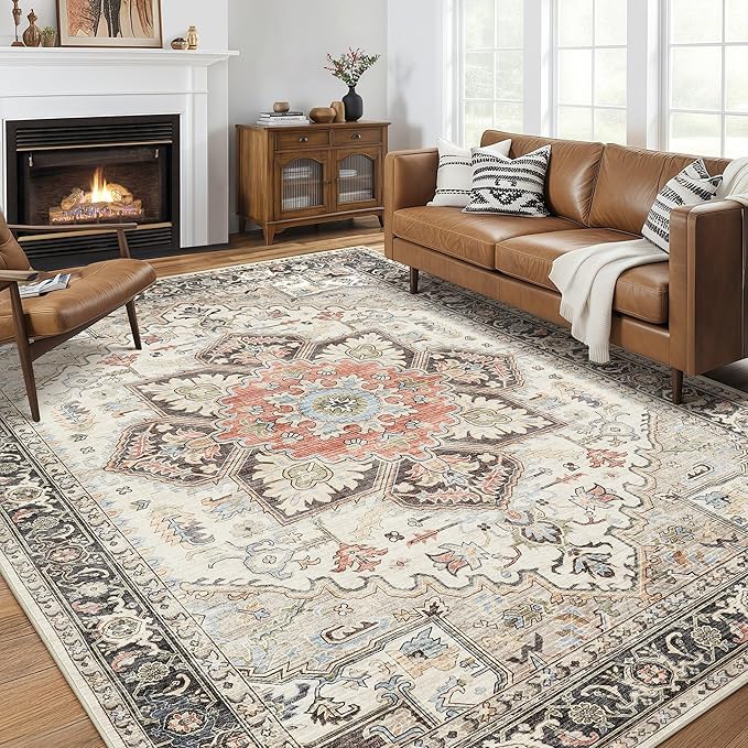 Area Rug 9x12 for Bedroom Living Room, Medallion Printed Ultra-Thin Soft Large Carpet