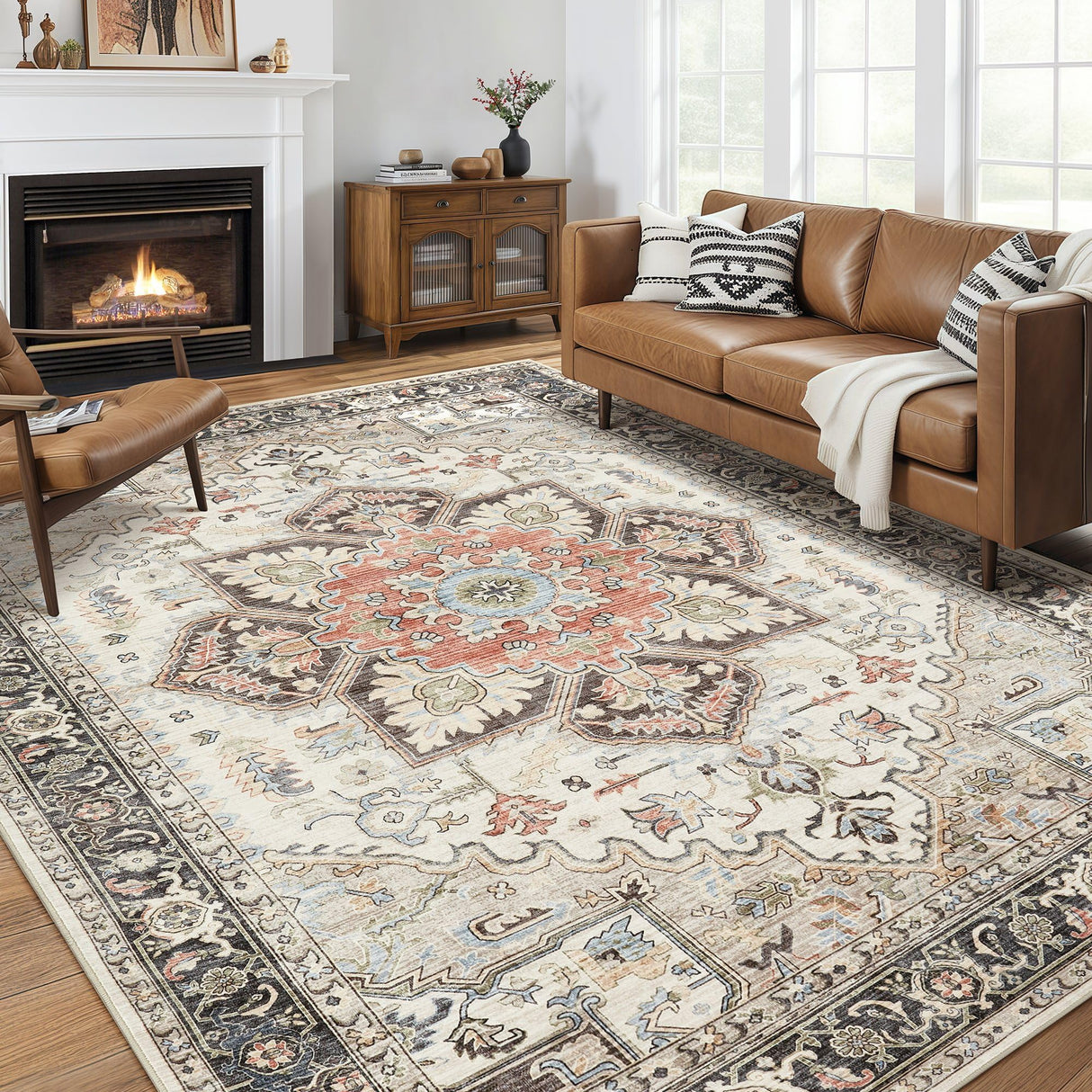 Area Rug 9x12 for Bedroom Living Room, Medallion Printed Ultra-Thin Soft Large Carpet