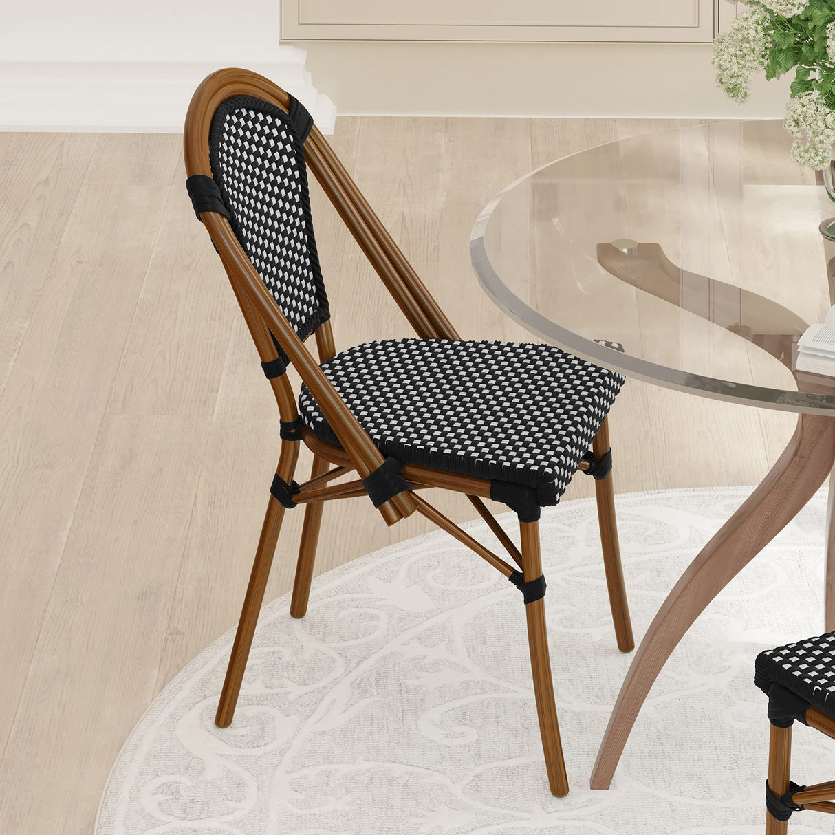 Soie Bistro Chair - Black & White Woven PE Seat and Back - Bamboo Finish