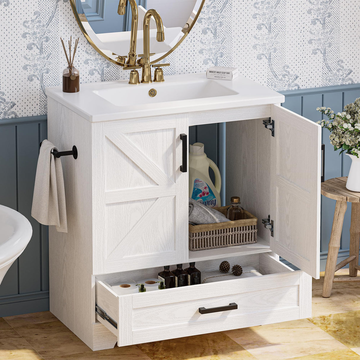 Bathroom Vanity, 30" Bathroom Vanity with Sink, Farmhouse Wood Fixture Stand Pedestal