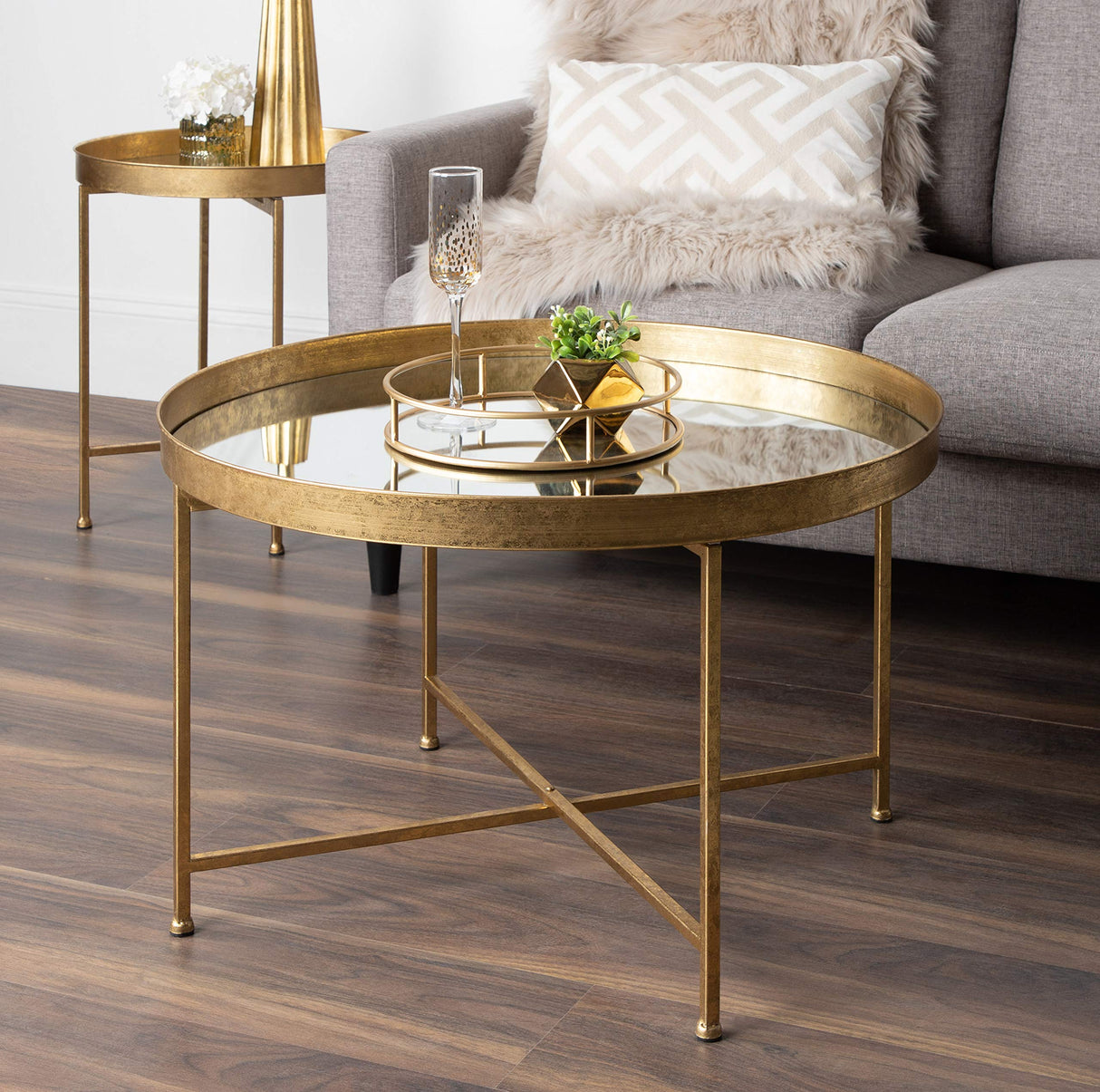 Kate and Laurel Celia Metal Foldable Round Accent Table, 18.25" x 18.25" x 22", Glass Surface and Gold Frame, Modern Minimalist Design and Detachable Magnetic Tabletop - Bircata