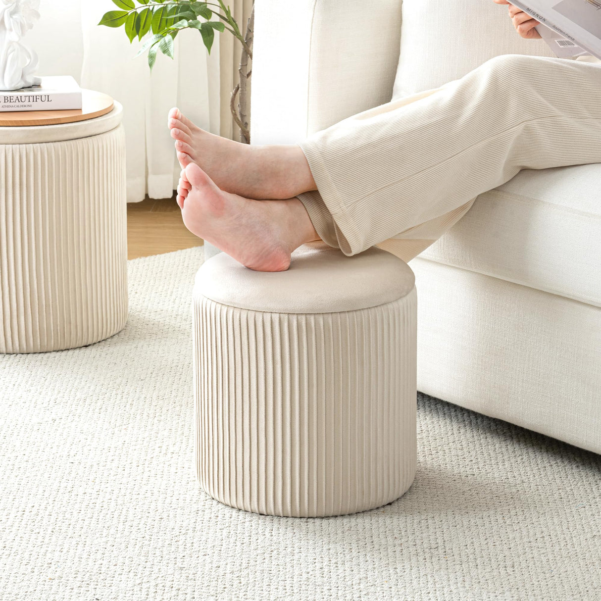 with Storage Set of 2, Velvet Round Storage Ottoman, Upholstered Sponge Vanity