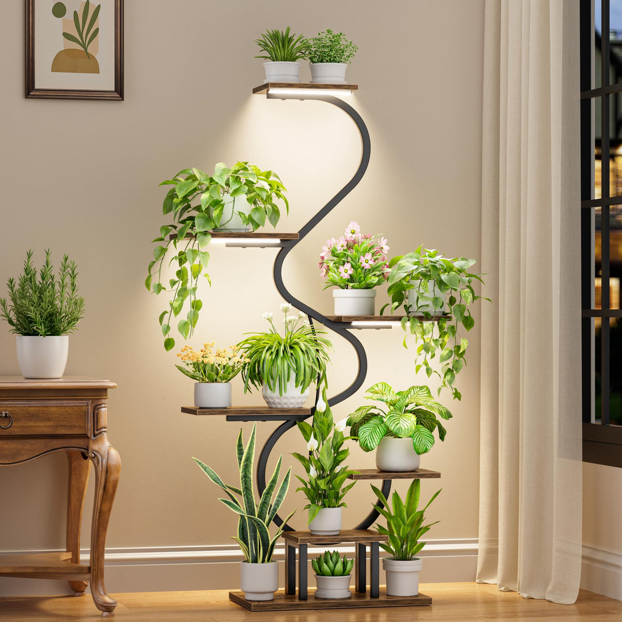 7-Tier Tall Metal Corner Plant Stand with Grow Lights – Space Saving Shelf