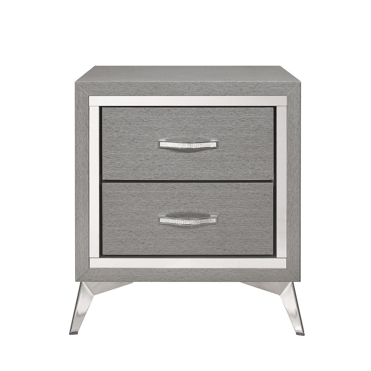 2 Drawer Embossed Smooth Gray Wood & Silver Trim Nightstand