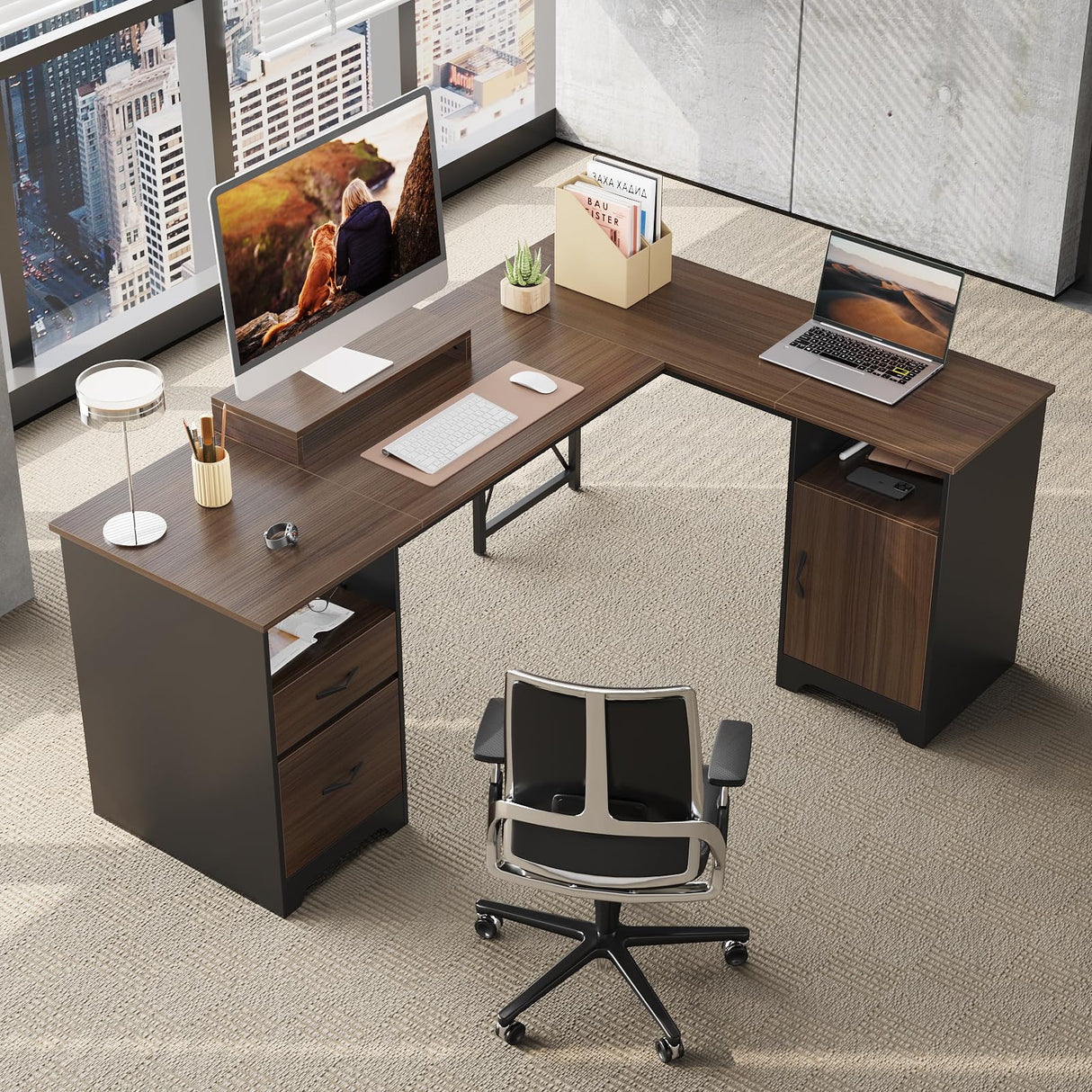 L Shaped Desk with File Drawers, 63" x 47" Office Computer Desk with Storage Cabinet