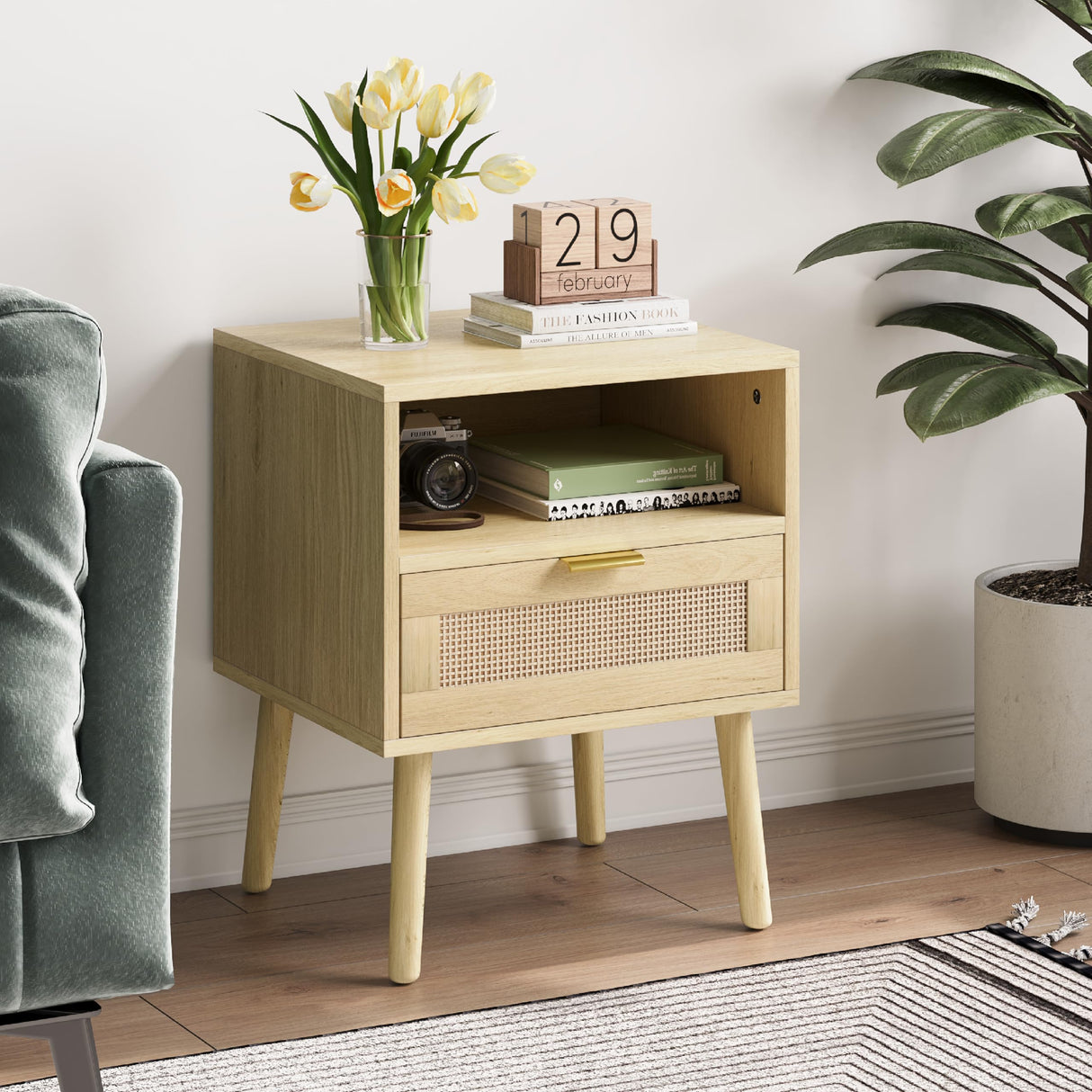 Natural Rattan Nightstand with Drawer, Boho Large Bedside Table with Open Shelf