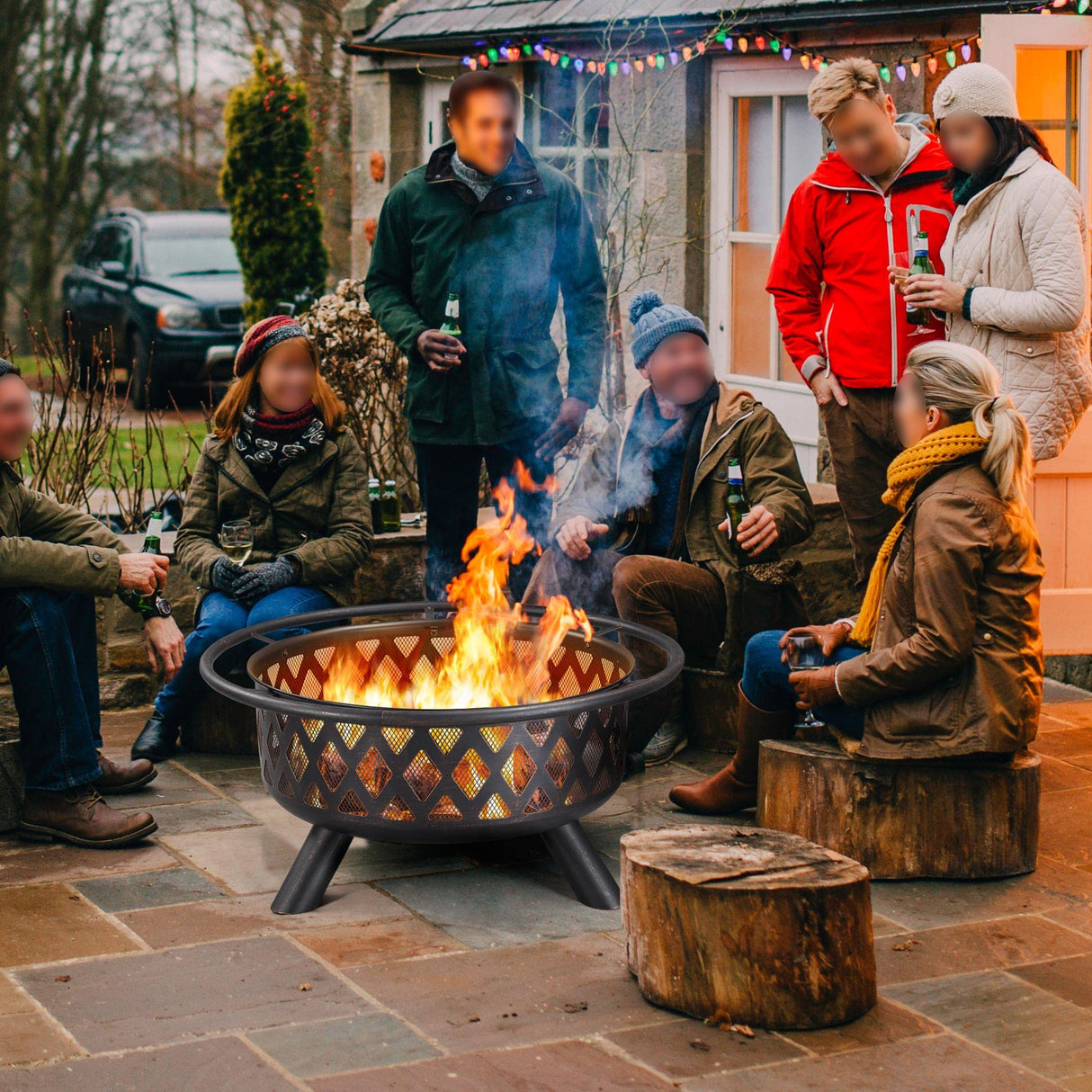 Yaheetech Fire Pit 36in Outdoor Wood Burning Fire Pits Wood Large Fire Bowl for Outside BBQ Bonfire Patio with Mesh Spark Screen, Poker and Rain Cover - Bircata