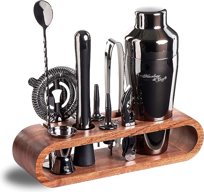 Bartender Kit:10-Piece Bar Tool Set with Dark Bamboo Stand | Perfect Home Bartending Kit and Martini Cocktail Shaker Set