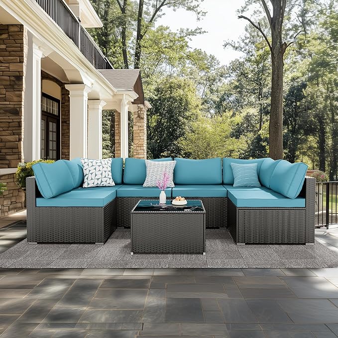 7 Pieces Patio Furniture Set - Outdoor Sectional Wicker Rattan Furniture