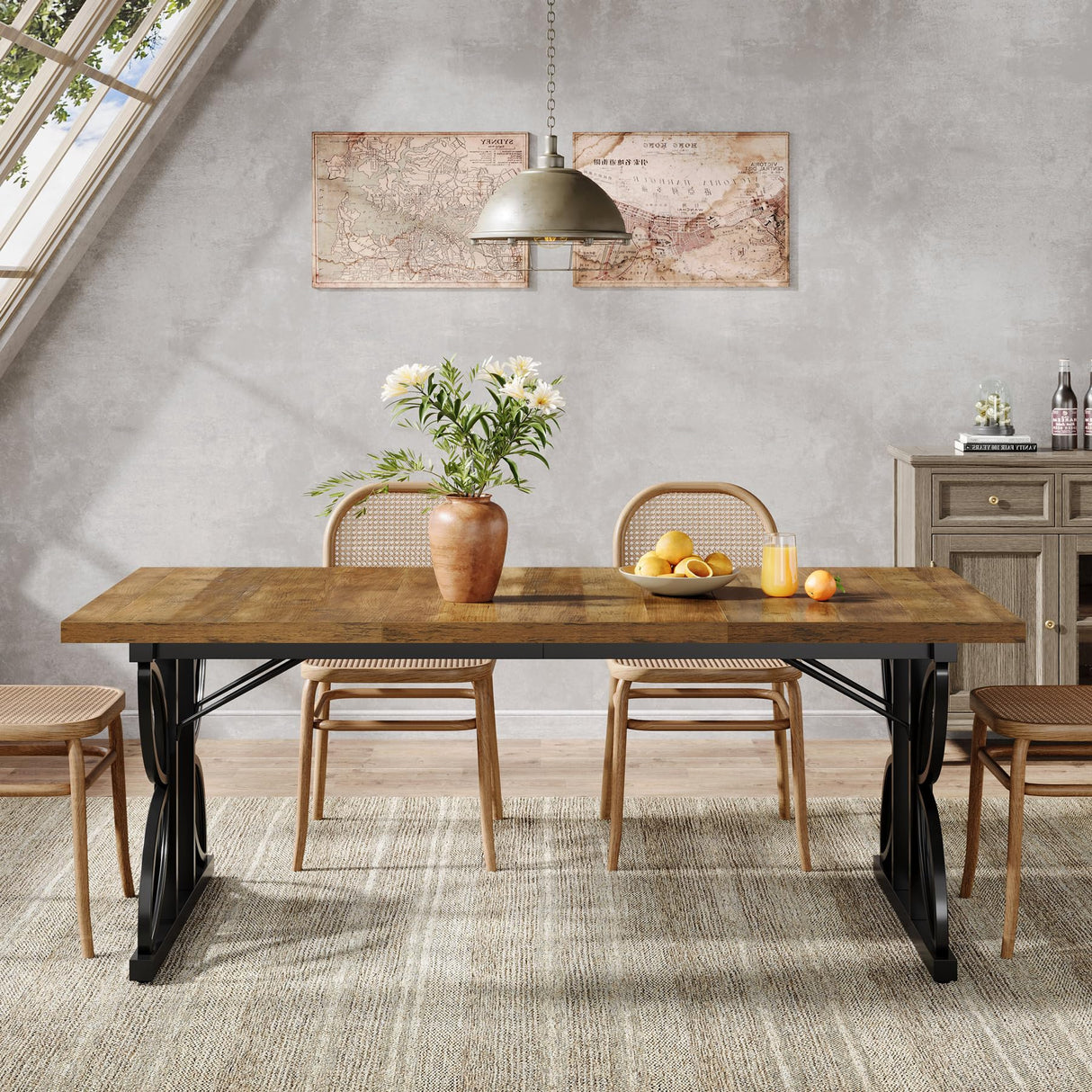 71" Dining Table for 6, Farmhouse Kitchen Dinner Table with Metal Frame, Rectangular Eating Desk, Dining Room