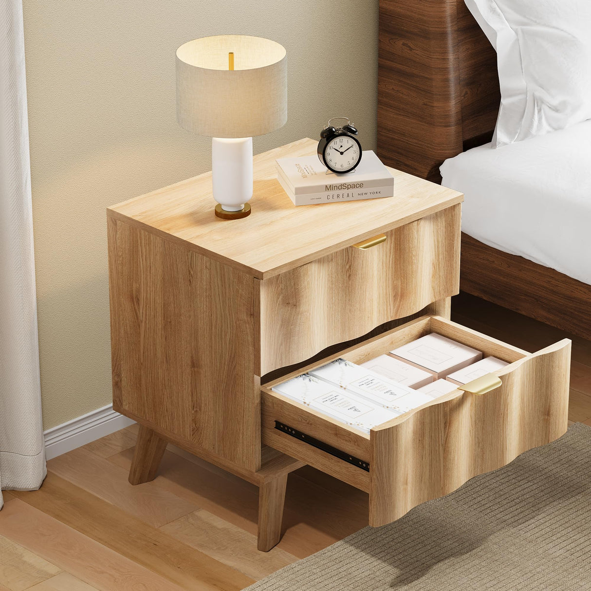 Nightstand, Modern Bedside Table with Drawers and Metal Handles, Sofa Side Table