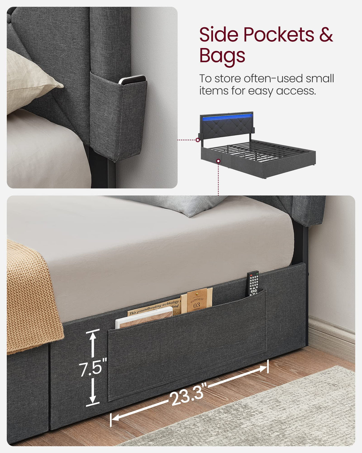 LED Bed Frame Queen Size with Headboard and 4 Drawers, 1 USB Port and 1 Type C Port,