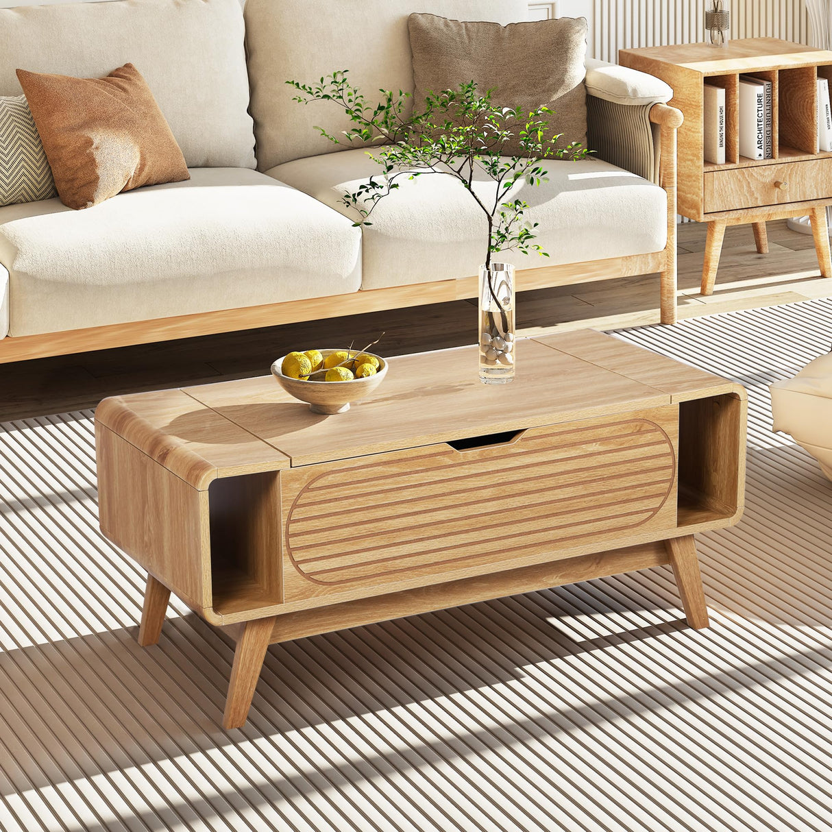 Small Lift Top Coffee Table with Hidden Compartment, Mid Century Modern Curved Coffee Table with Storage Shelf, Wooden Rectangle Center Table with Lift Tabletop for Living Room, Office (Natural)