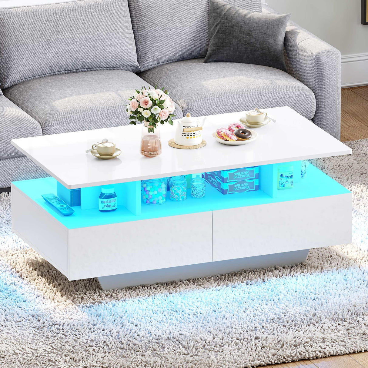 LED Coffee Table with Storage 4 Drawers, Modern High Glossy Coffee Tables