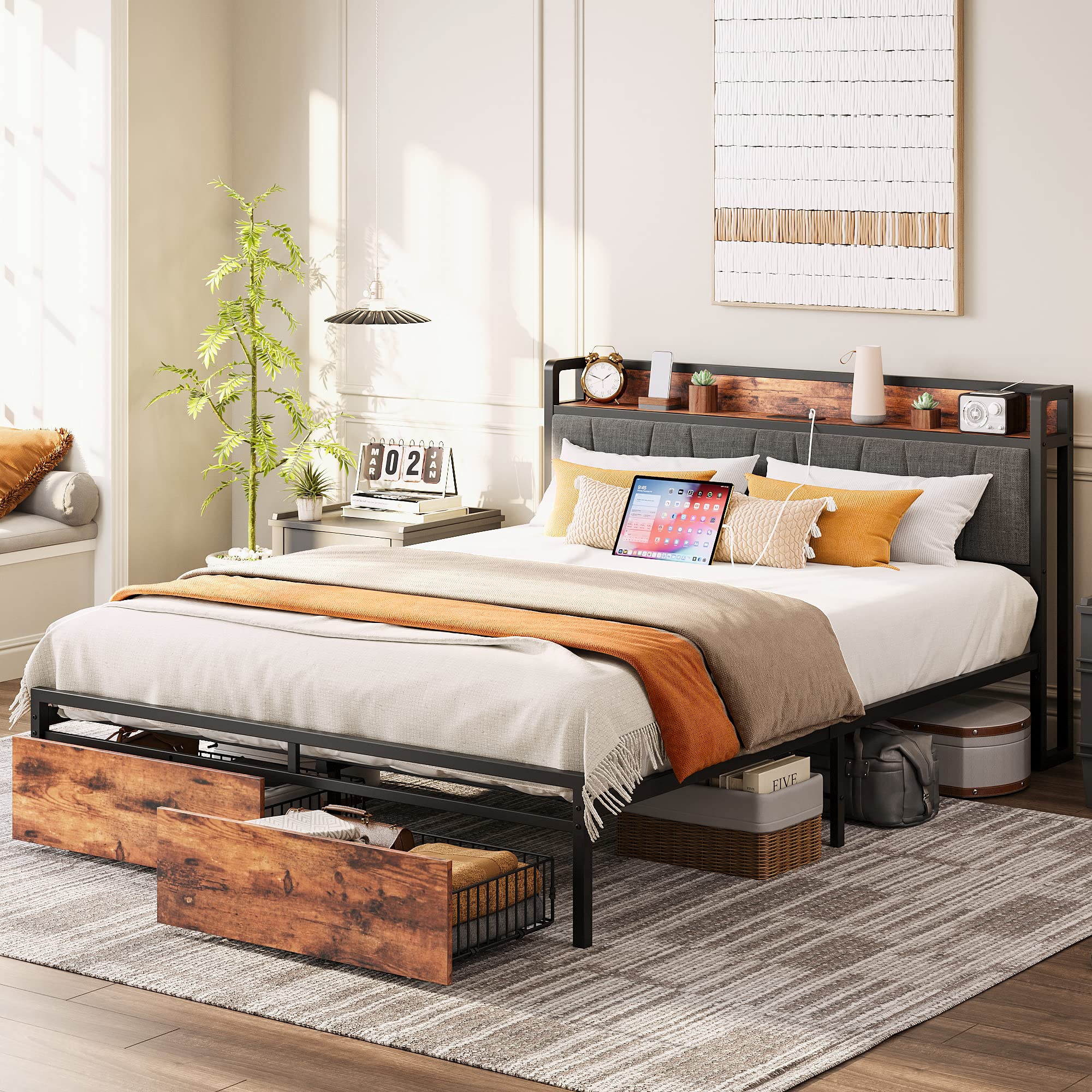 Queen Bed Frame, Storage Headboard with Charging Station, Platform Bed with Drawers,