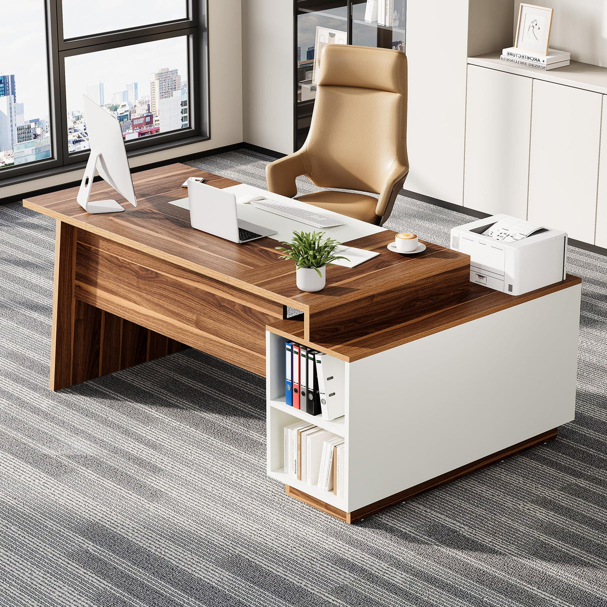 70.5-Inch Executive Desk, Large Home Office Desk with Storage Cabinet and Open Shelves,