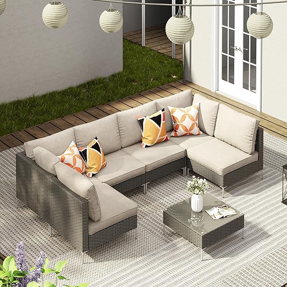 7 Pieces Wicker Patio Furniture Set, Outdoor Conversation Set Sectional Sofas