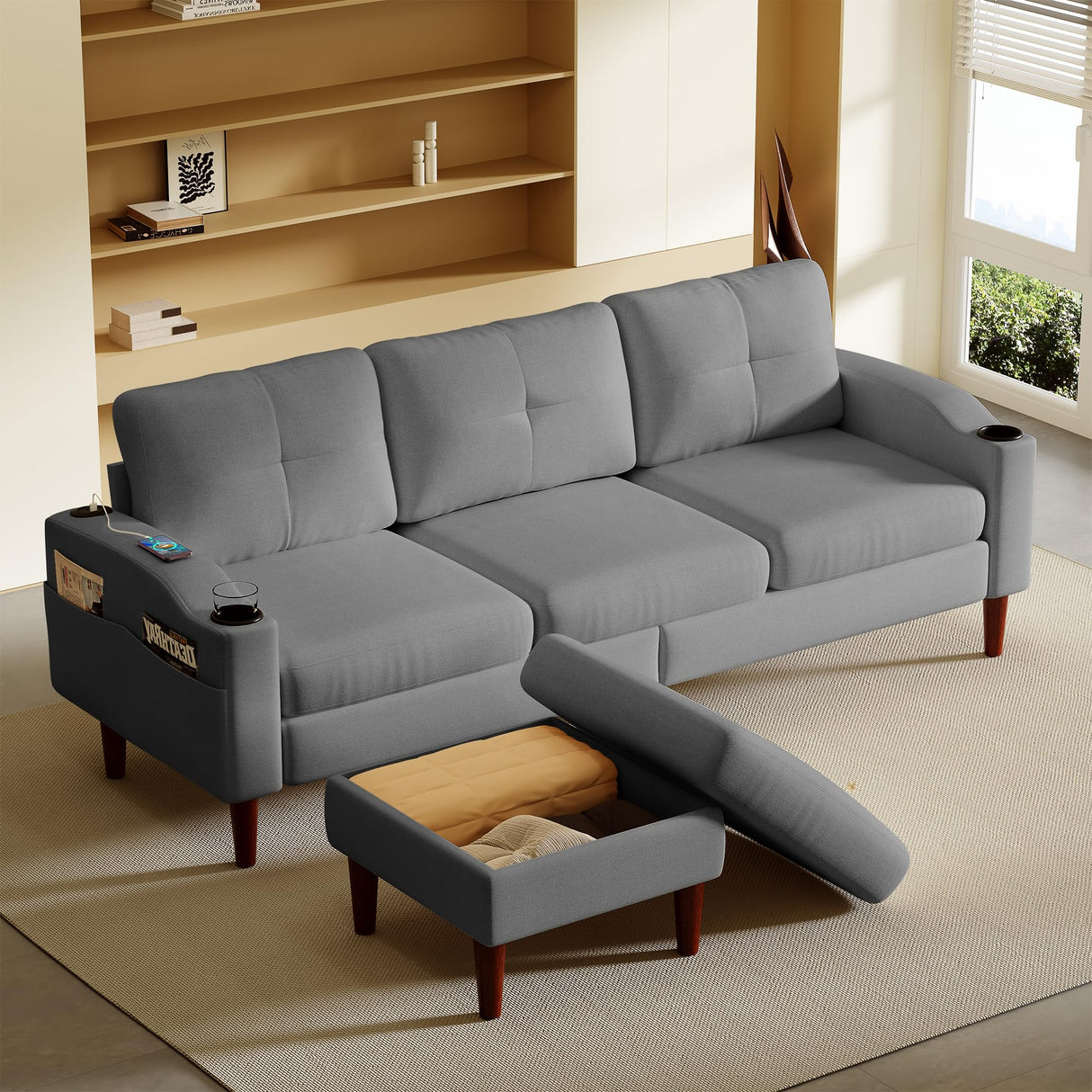 L-Shaped Lounge Sectional Sofa with Ottoman, USB Port & Cup Holders