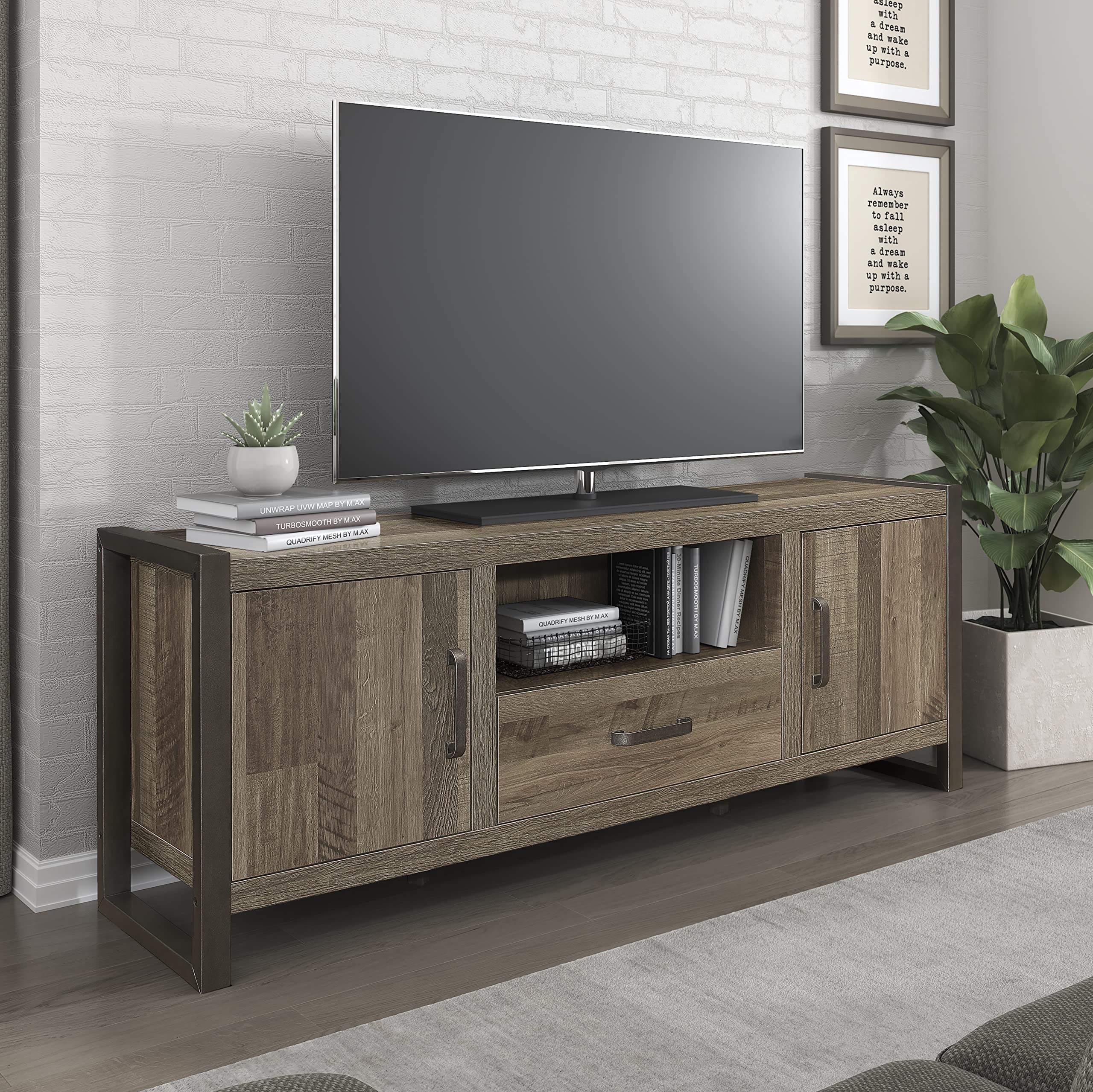 TV Stand, 64" W, Brown/Gunmetal