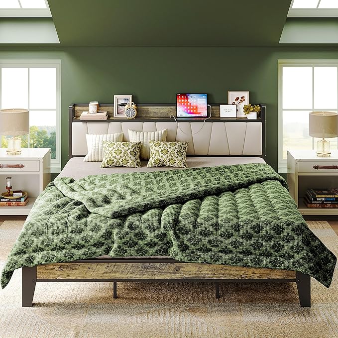 California King Bed Frames, Storage Headboard with Charging Station