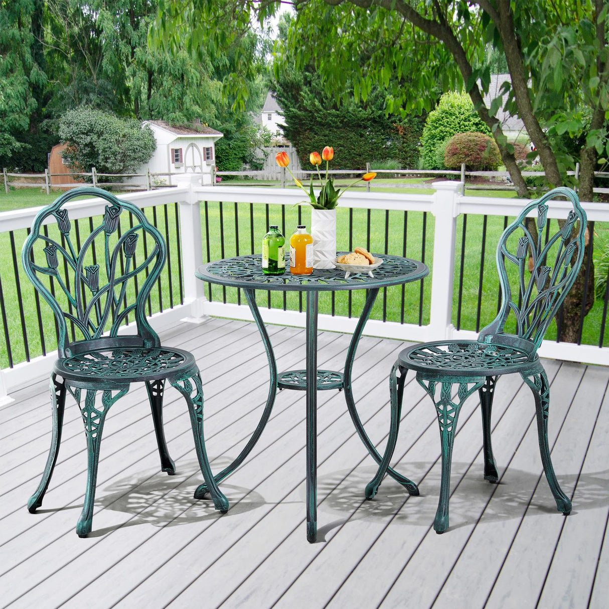 Cast Aluminum Bistro Set - 3-Piece Outdoor Patio Table and Chairs with Umbrella Hole