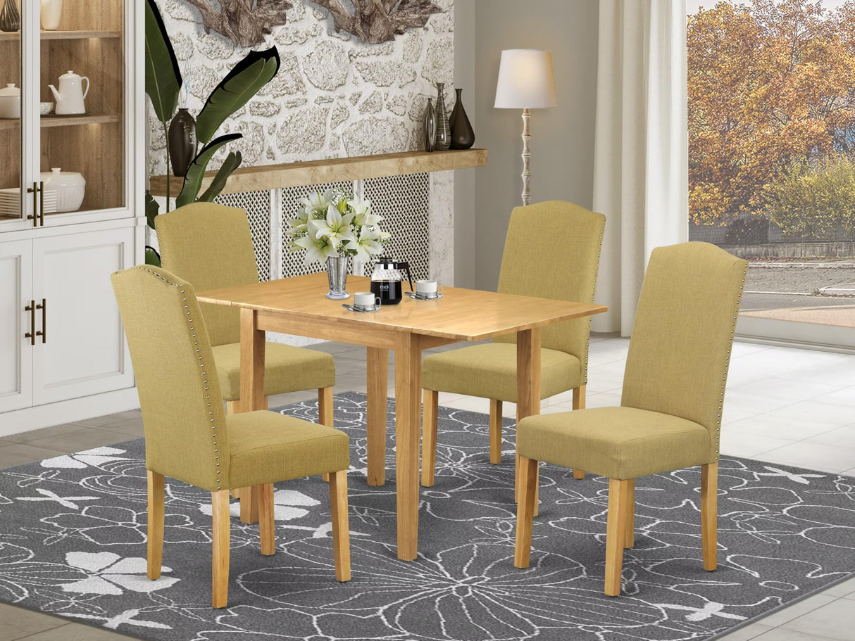 5 Piece Dining Set Includes a Rectangle Dining Room Table with Dropleaf and 4 Linen Fabric