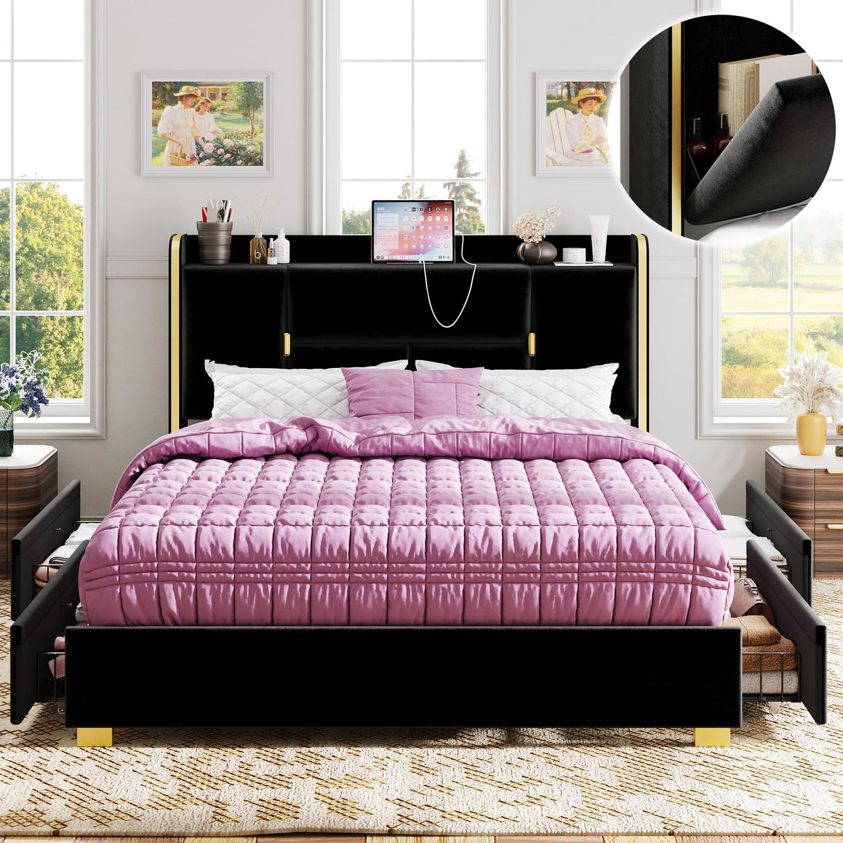 Full Size Bed Frame with 4 Drawers, Upholstered Storage Headboard