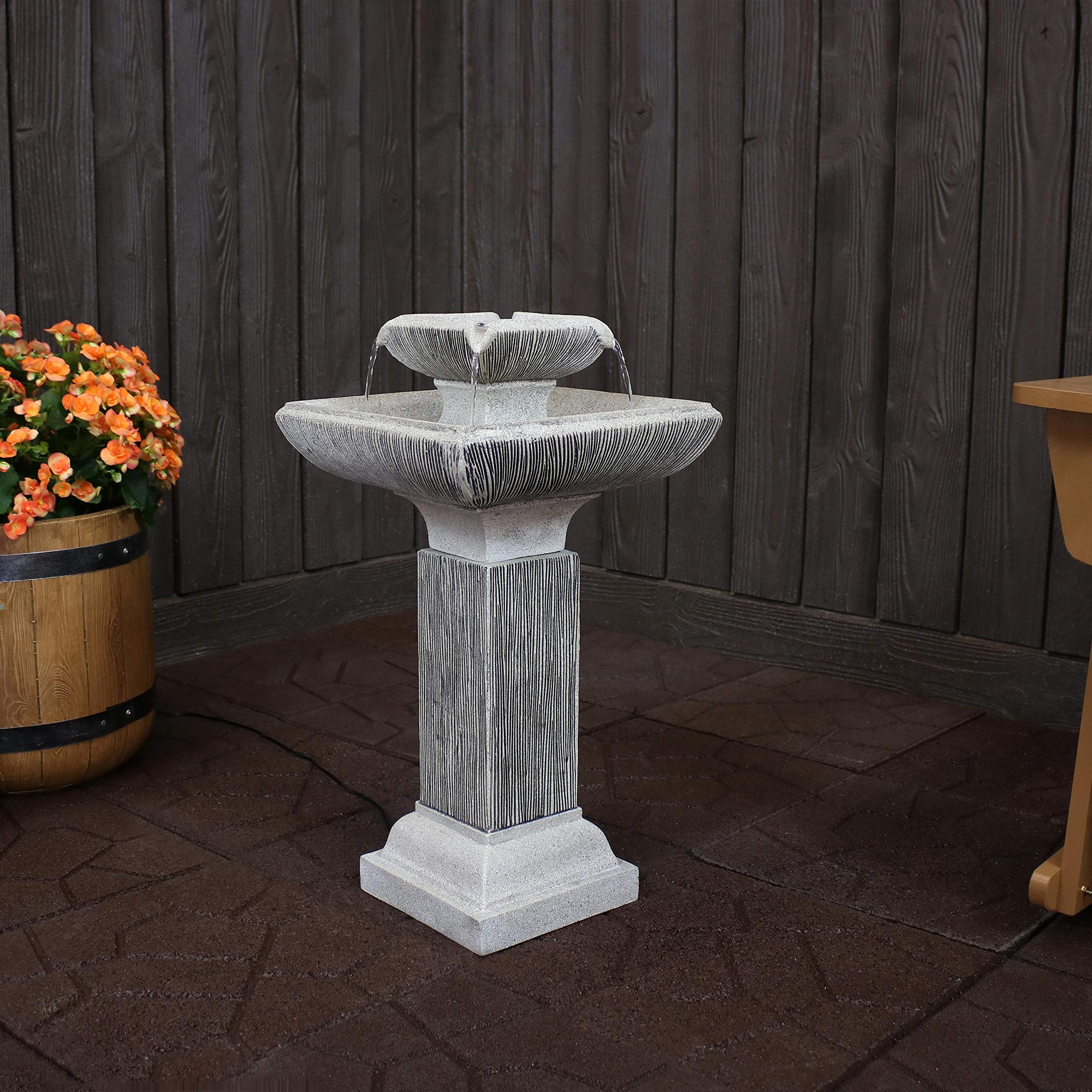 25-Inch Square 2-Tier Outdoor Bird Bath Water Fountain - LED Lights - Electric Submersible