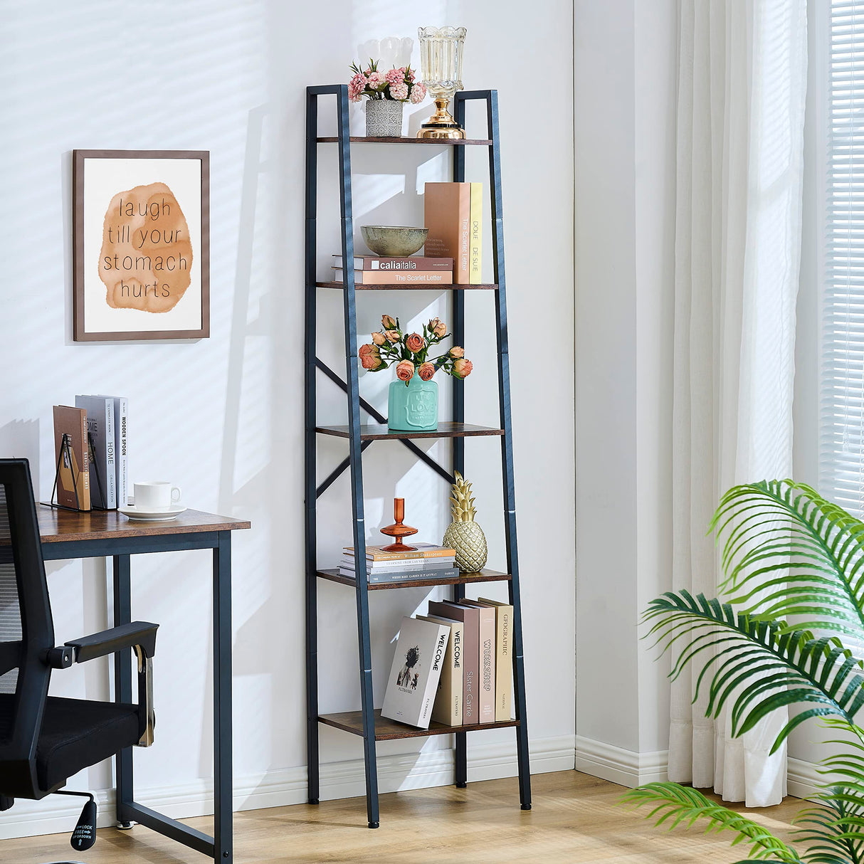 Industrial Ladder Bookshelf, Multifunctional Ladder Shelf
