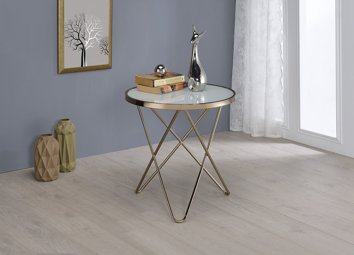 Valora Round Glass Top End Table in White Glass and Gold