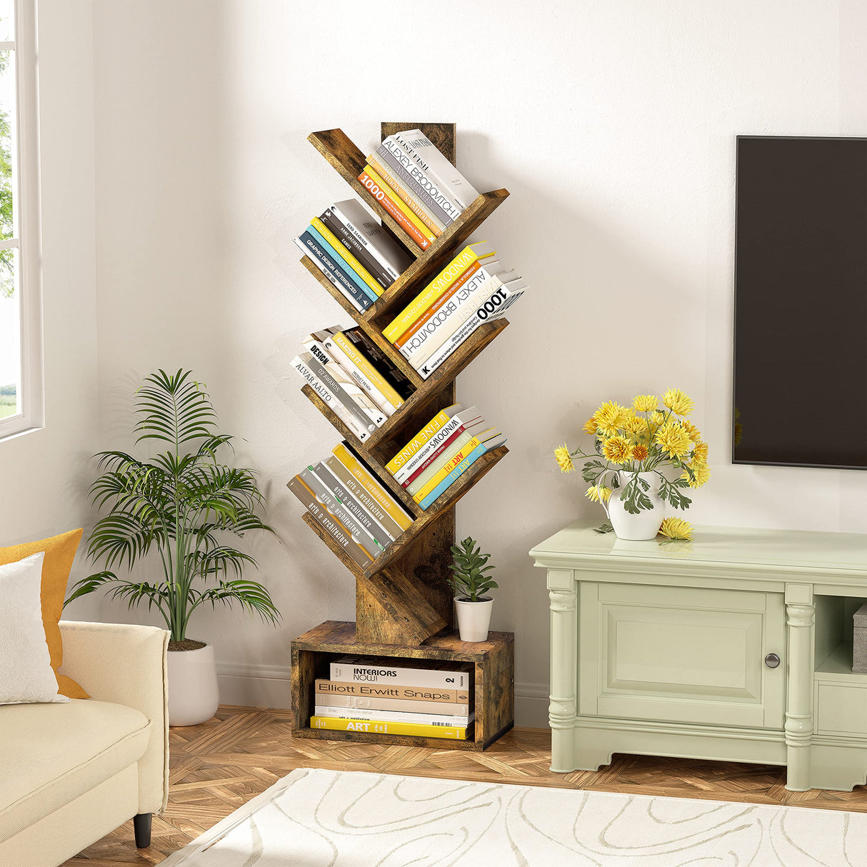 6 Tier Tree Bookshelf, Tall Bookcase with Drawer, Freestanding Book Shelf