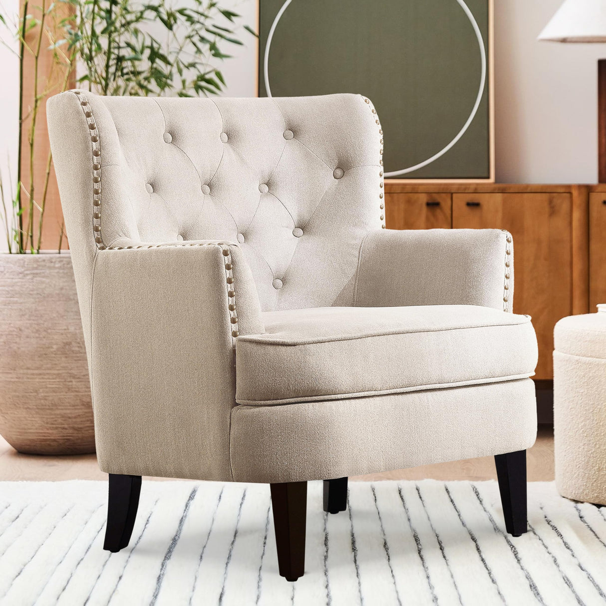 Harris Velvet Upholstered Club Chair 34.5”H, Barrel, Wingback Tufted Button Armchair