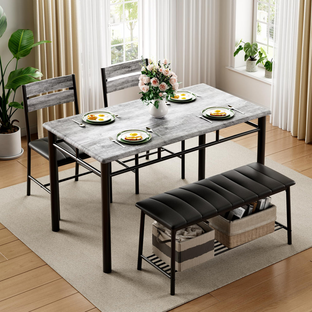 Table Set for 4, Kitchen Table with Upholstered Bench and 2 Chairs, Kitchen Table