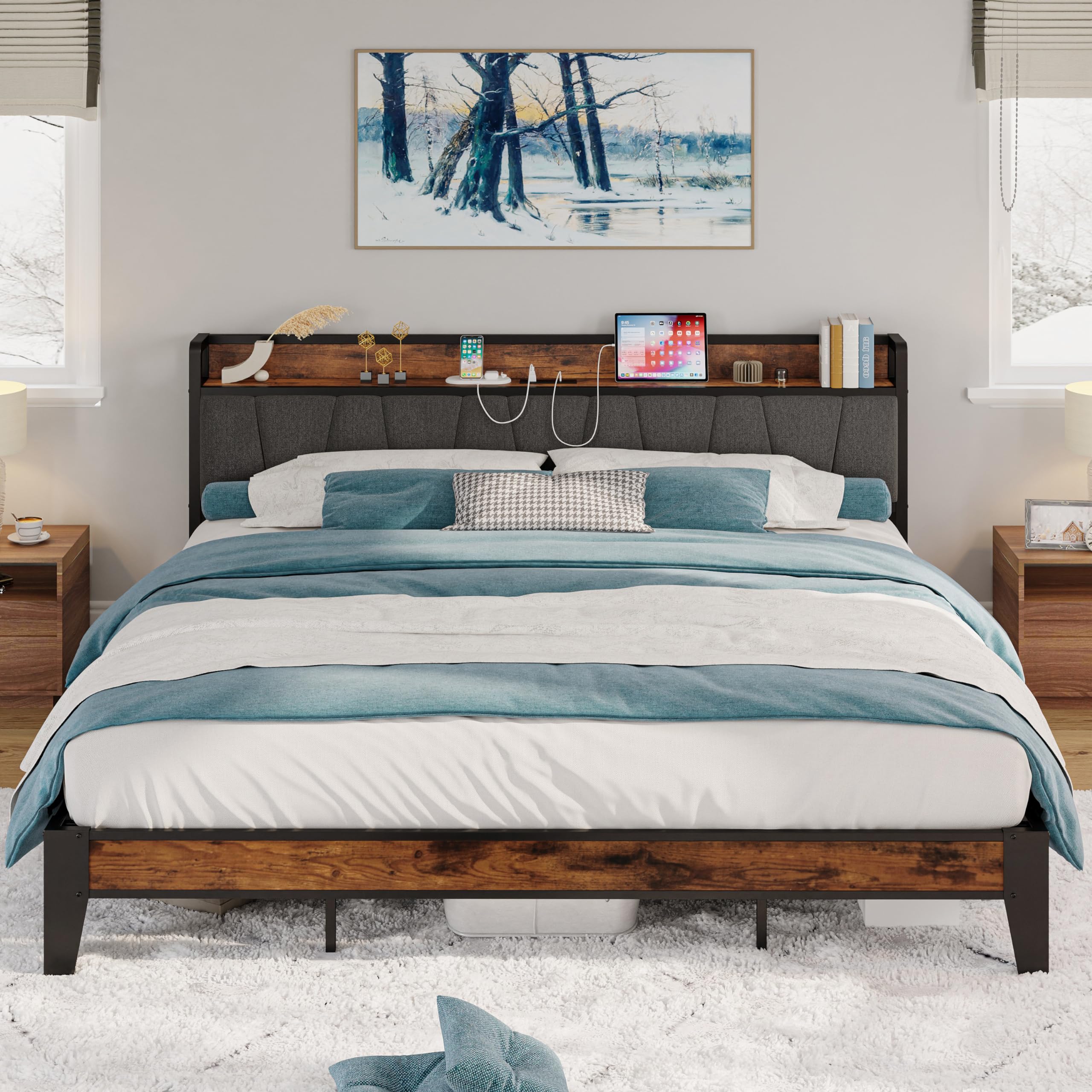 California King Bed Frames, Storage Headboard with Charging Station