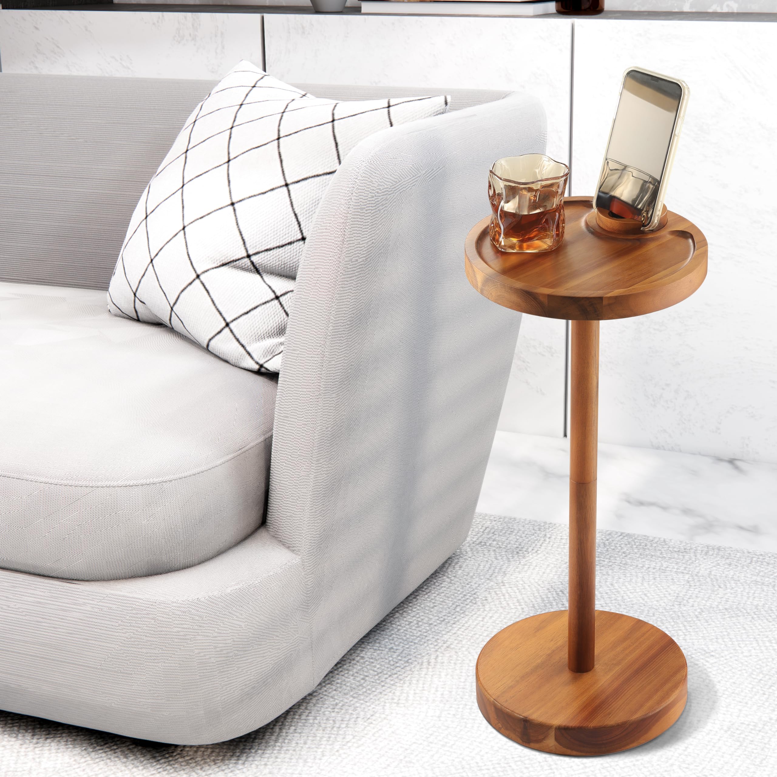 Side Table, Acacia Drink Table with Weighted Base, Small Round Side Table for Small