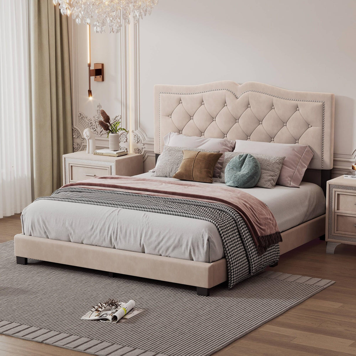 Queen Full Size Upholstered Bed Frame with Rivet Design, Modern Velvet Platform Bed