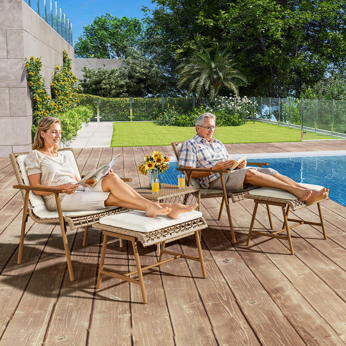 3 Pieces Conversation Bistro Set with Ottoman, All-Weather Patio Bistro Set with Footrest