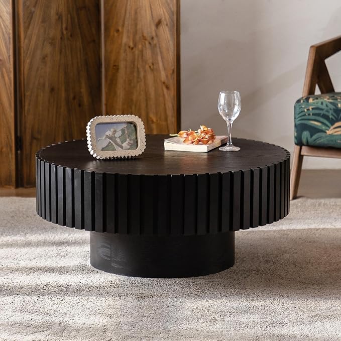 Round Wood Coffee Table, Handcraft Drum Tea Table Center Table for Living Room, Modern Circle Wooden Cocktail Table for Small Space, Easy Assembly
