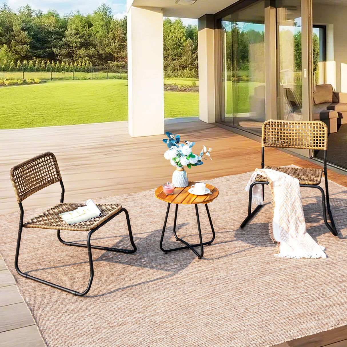 3-Piece Outdoor Wicker Bistro Set with Stackable Rattan Chairs & Acacia Wood Table